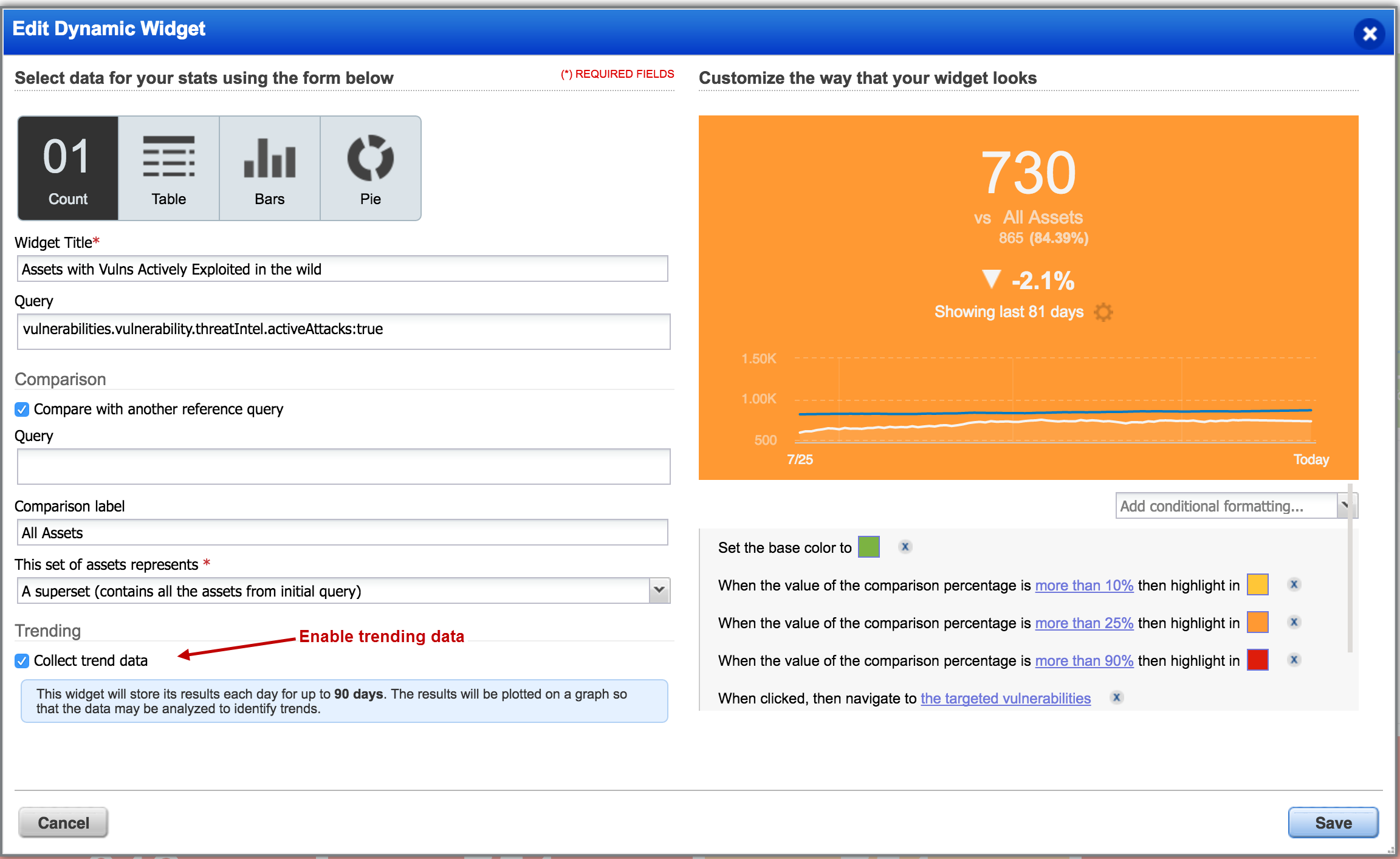 Collect trend data option in widget configuration.