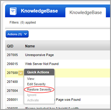Quick Action menu to choose Restore Severity for a vulnerability.