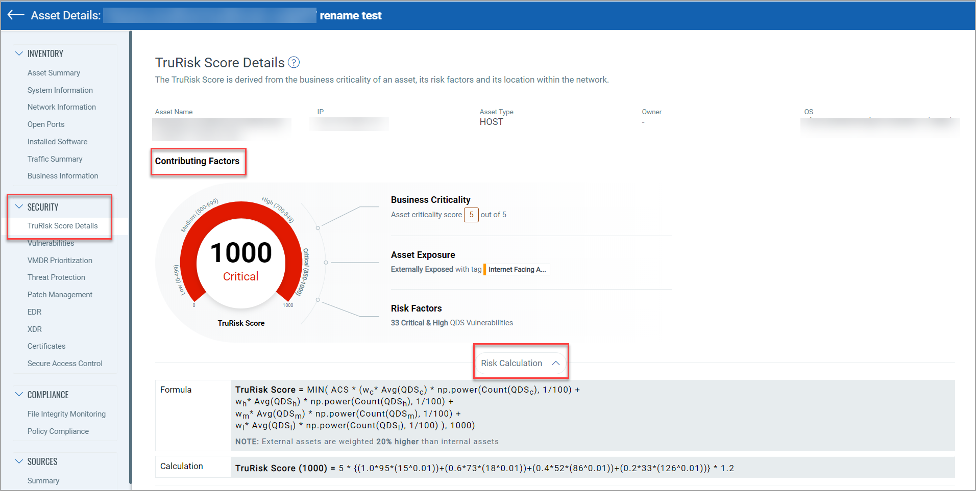 Trurisk Score details in Asset Details page.