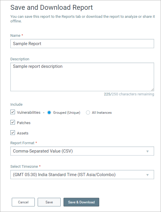 The options for savin and downloading the VMDR priortization report.