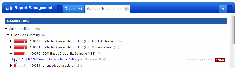 Vulnerabilities in Results section of the web application report.