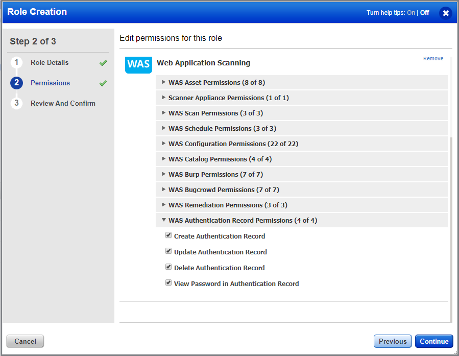 List of various authentication record permissions in WAS.