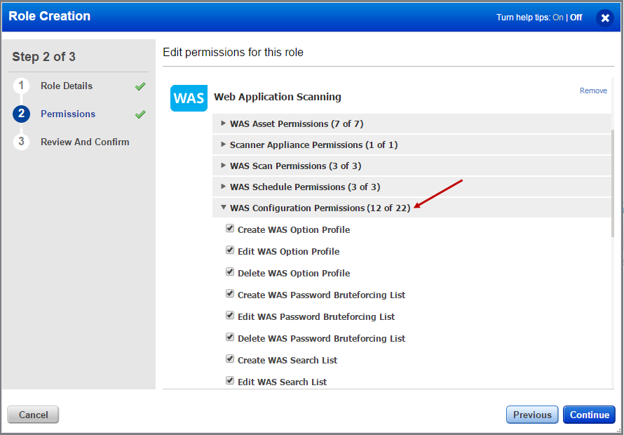 List of various permissions related to WAS configuration.