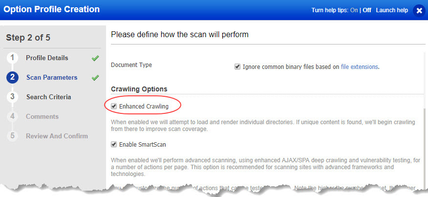 Option to enable enhanced crawling during configuration of option profile.