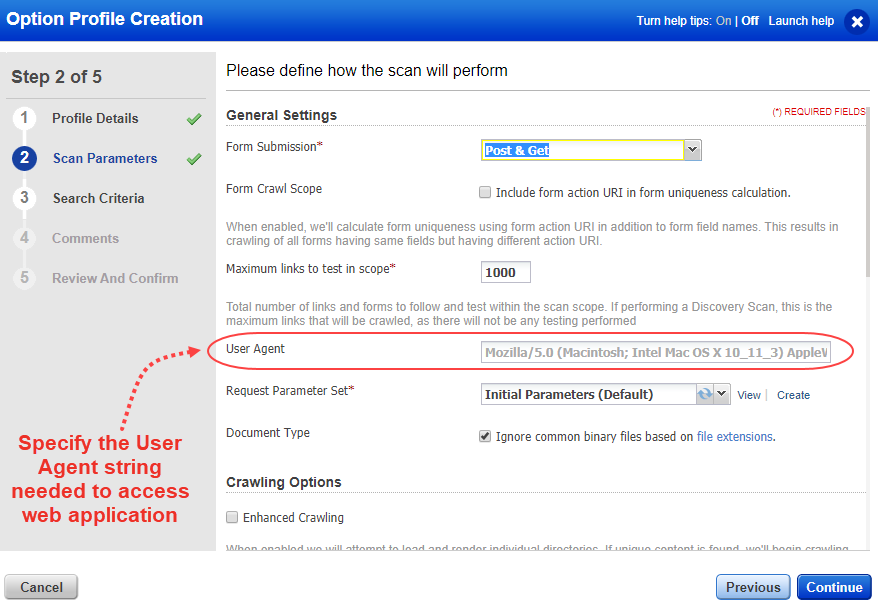 Option to define user-agent string for accessing the web application.