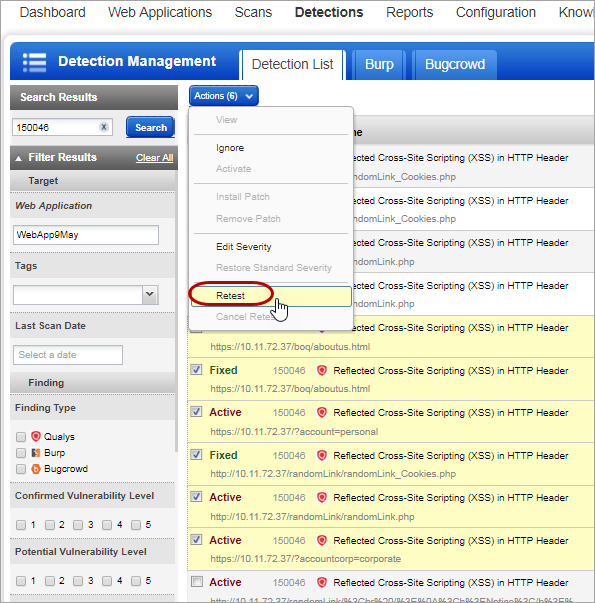 Using Retest option from the Actions menu to retest multiple detections simultaenously.