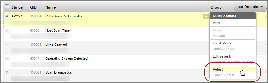 Retest option in the quick action menu of a selected detection.