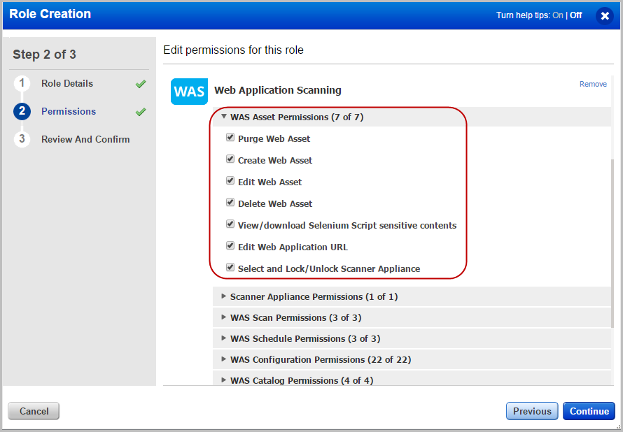 List of various permissions for web assets in WAS.