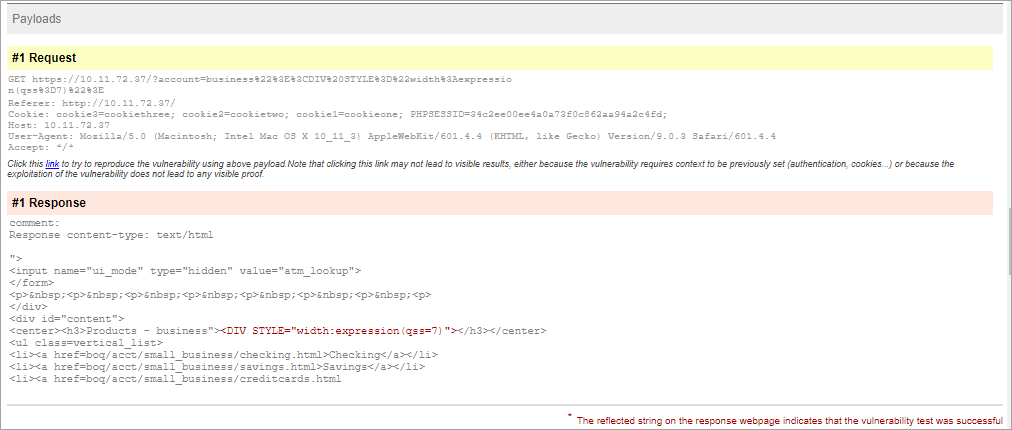 Sample Web Application Report in HTML  format with full request headers and full request body for vulnerabilities
