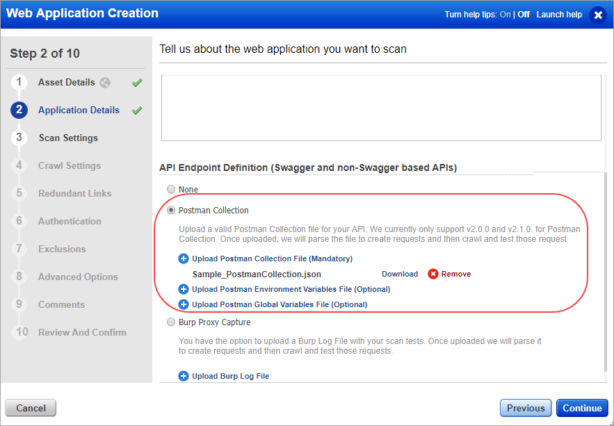 Settings to upload JSON format file.