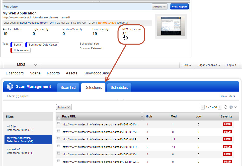 Clicking detection count in web application preview displays detection list.