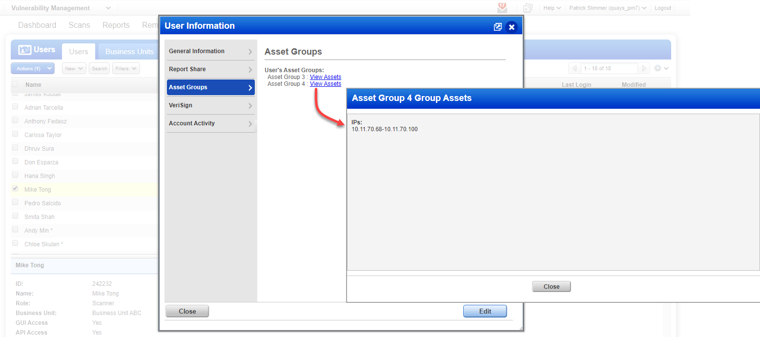 User Information where user is assigned individual groups