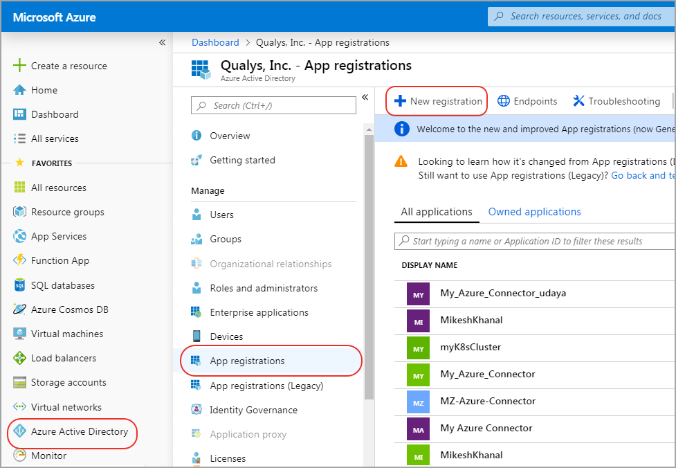 New registration link under App Registrations.