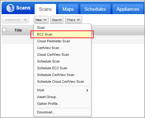 New EC2 Scan menu option under Scans